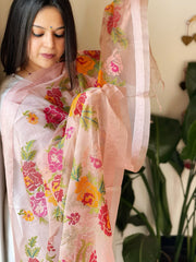 Lite Pink Organza Dupatta with cross-stitch embroidery