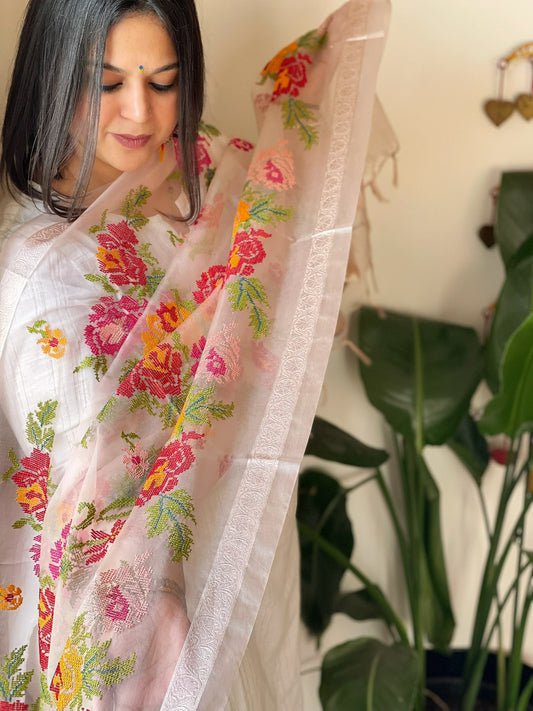 Lite Pink Organza Dupatta with cross-stitch embroidery