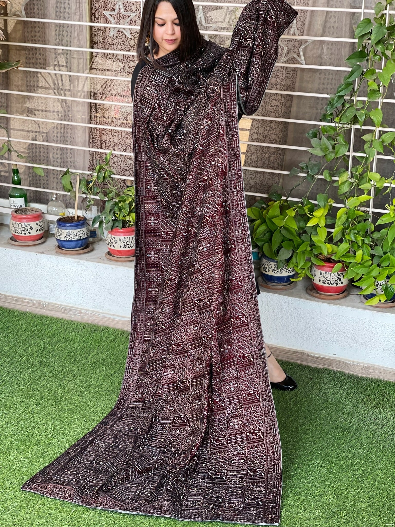 Maroon Velvet Dupatta with Thread Embroidery