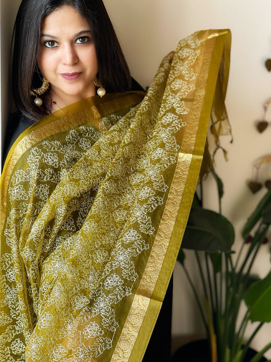 Organza Dupatta with Gold Thread Jaal Embroidery in Mehendi Green Color