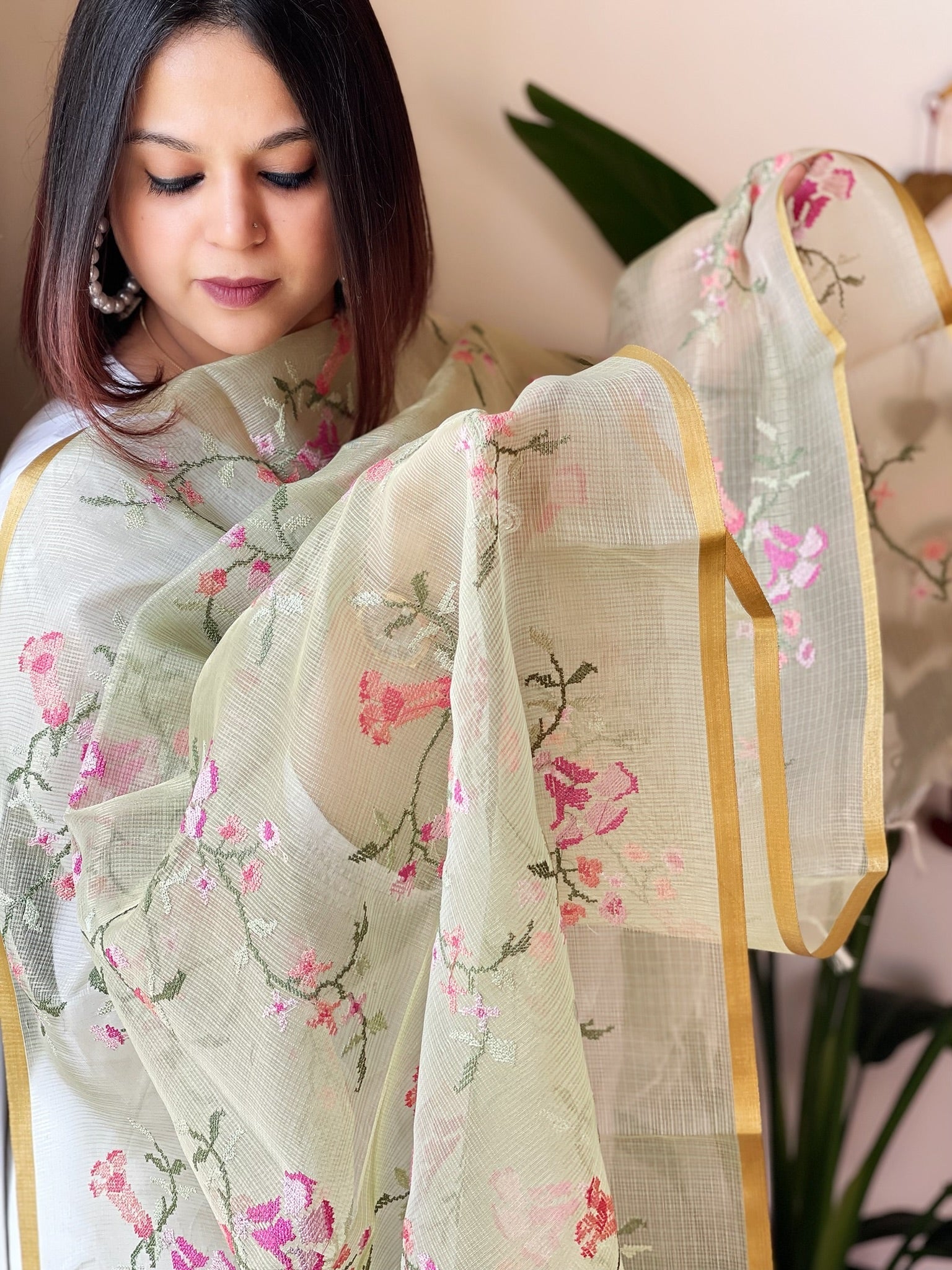 Organza Dupatta with cross-stitch embroidery