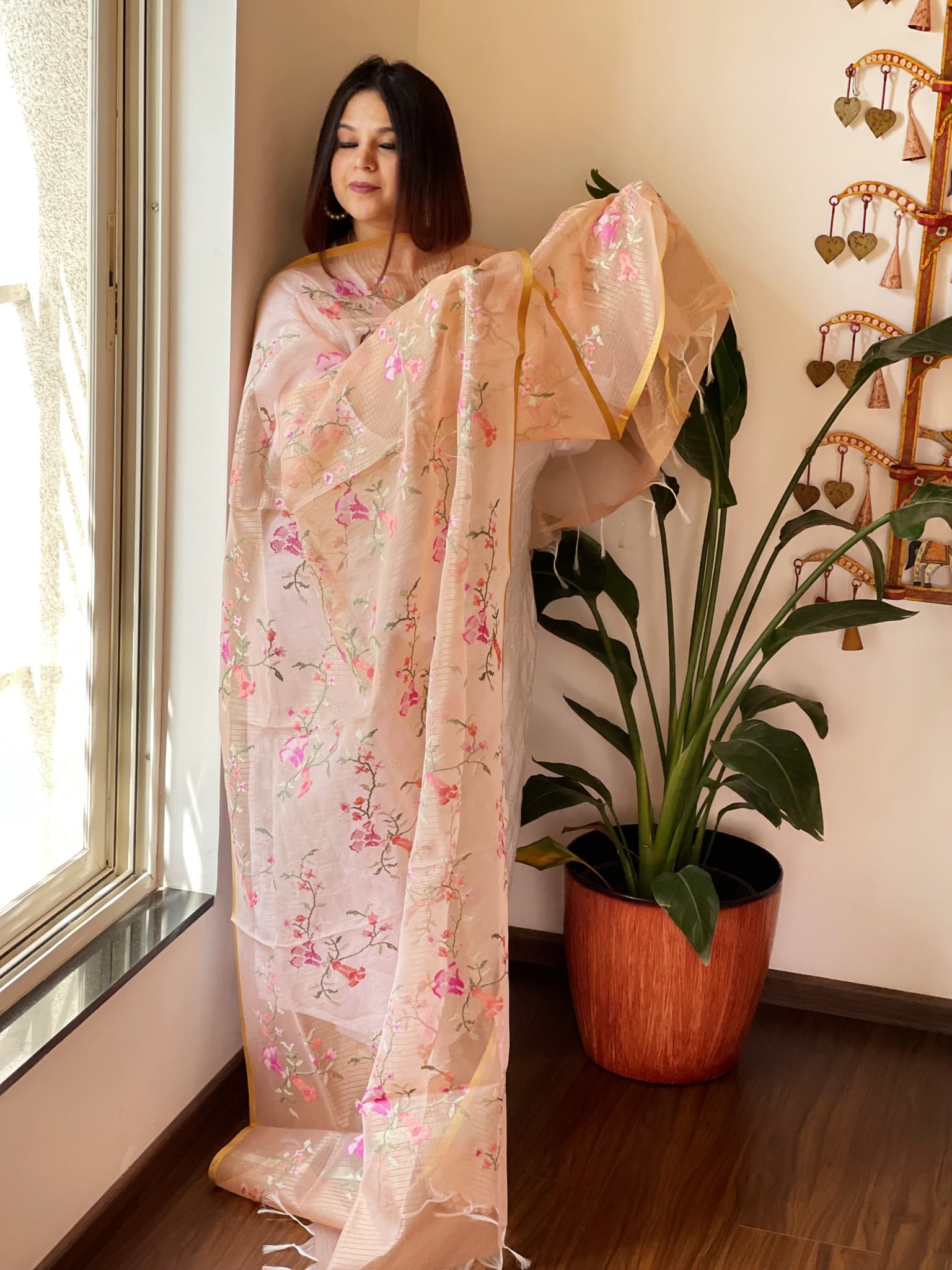 Organza Dupatta with cross-stitch embroidery