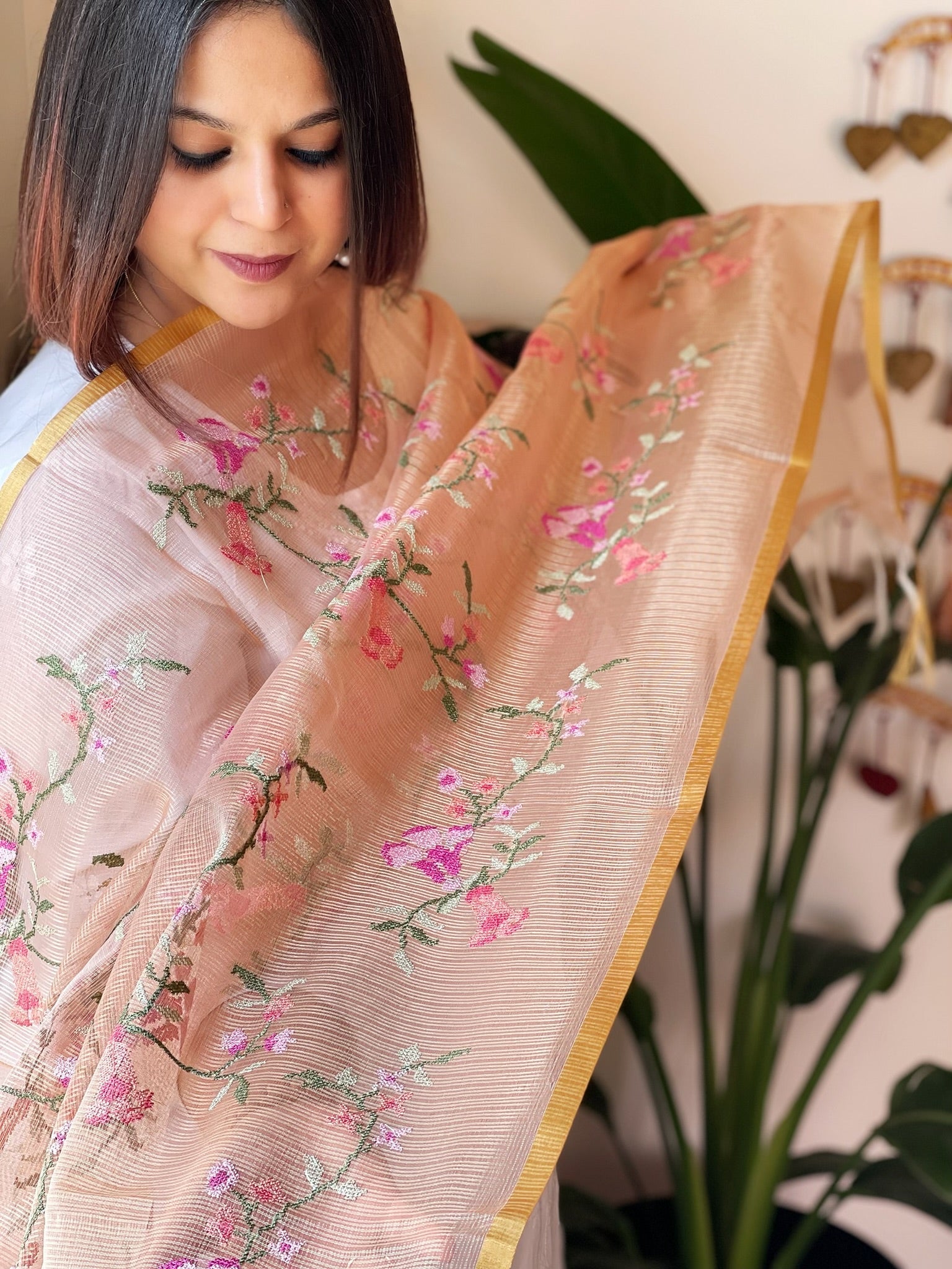 Organza Dupatta with cross-stitch embroidery