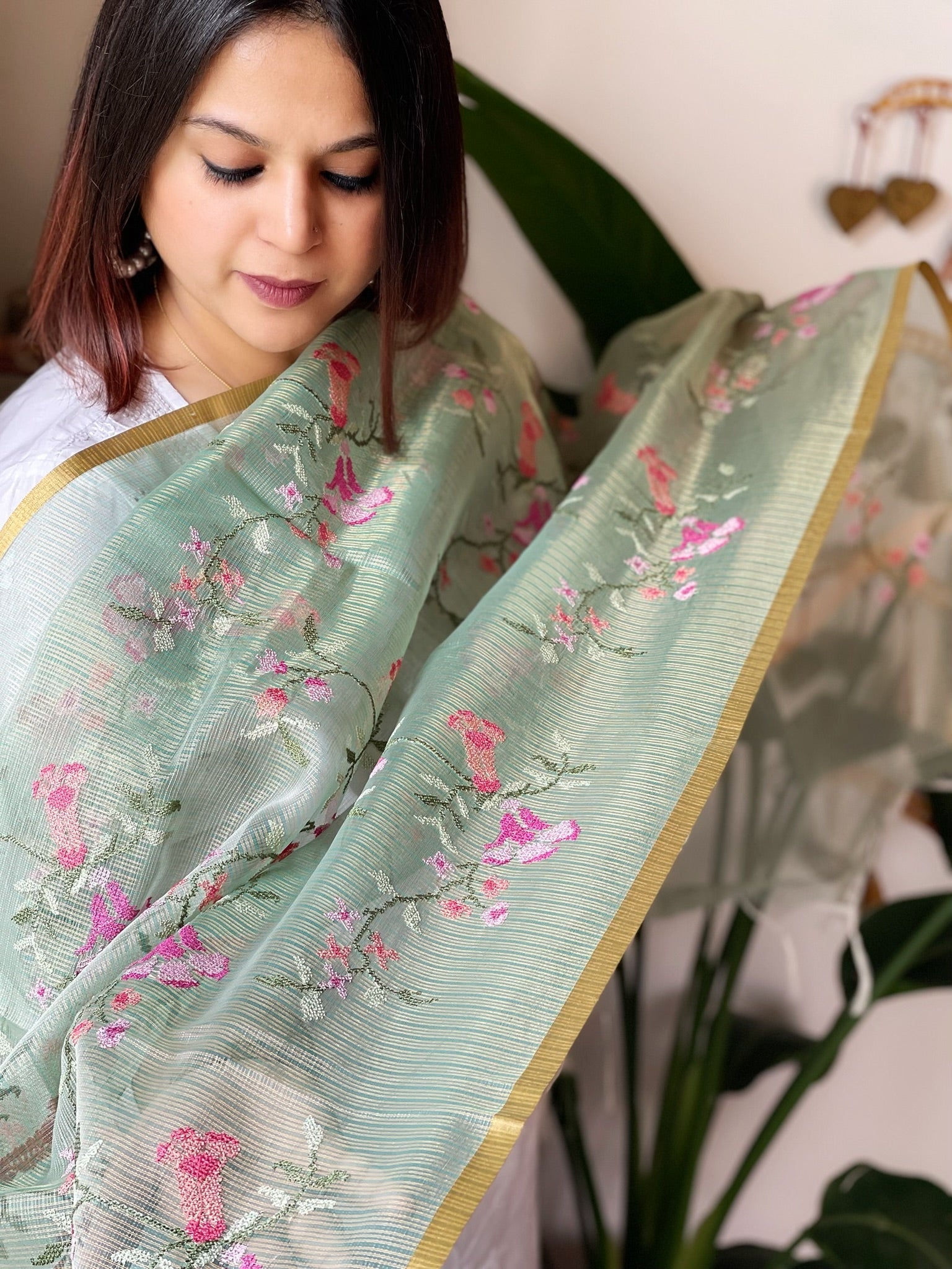 Organza Dupatta with cross-stitch embroidery