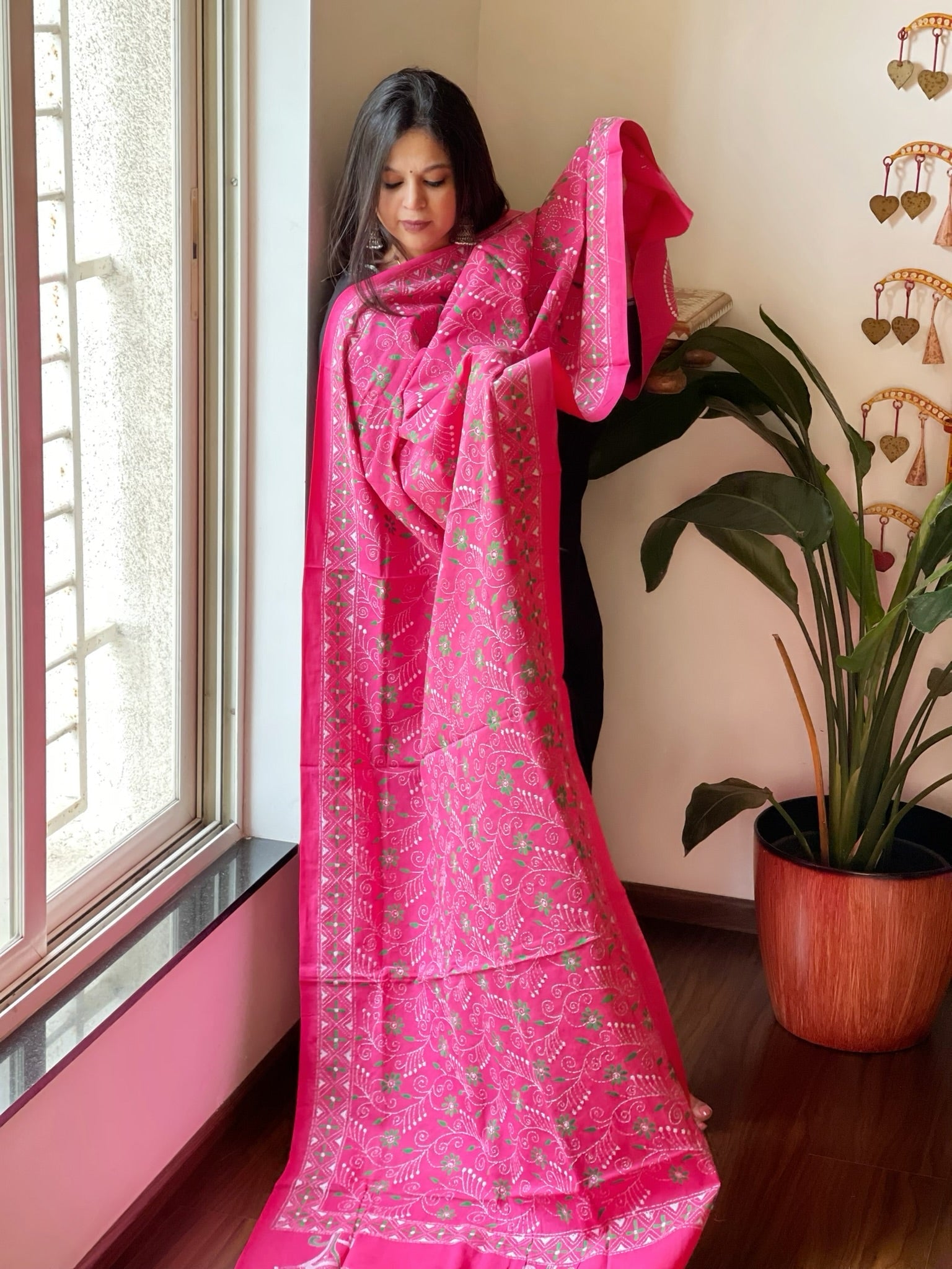 Pink Handmade Kantha Dupatta in Pure Cotton