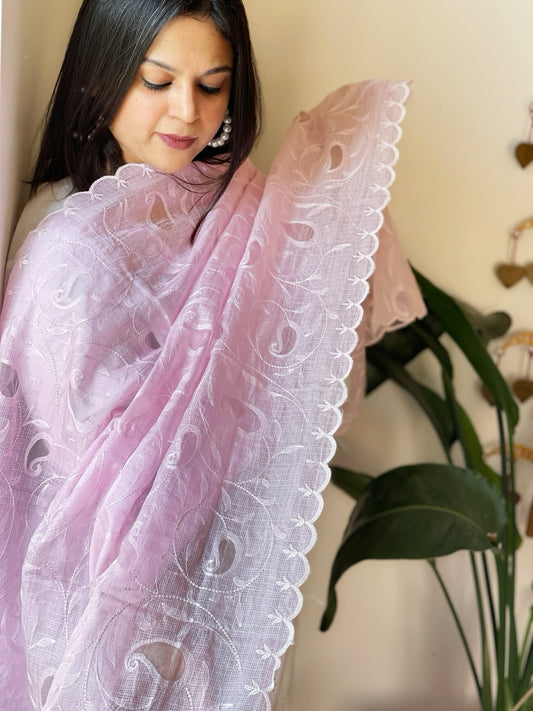 Pink Kota Cotton Dupatta with Thread Embroidery and Cut Work