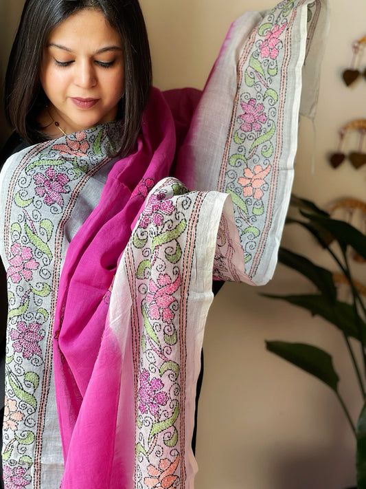 Pink and Grey Handmade Kantha Dupatta in Cotton