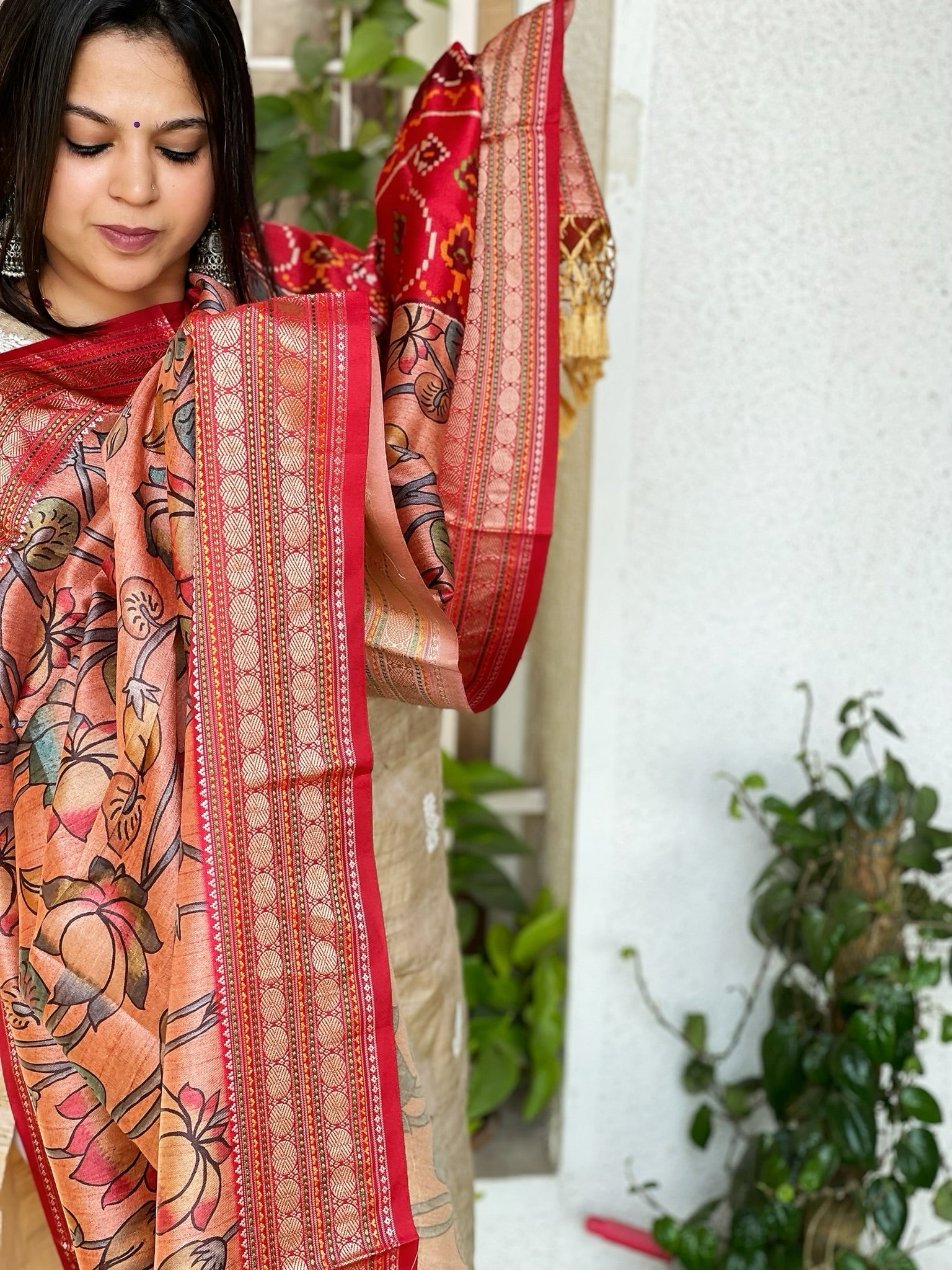 Printed Kalamkari with Patola Pallu Dupatta in Fine Art Silk