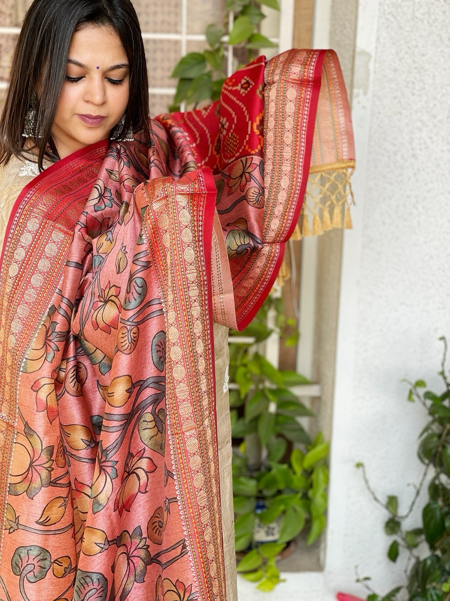 Printed Kalamkari with Patola Pallu Dupatta in Fine Art Silk