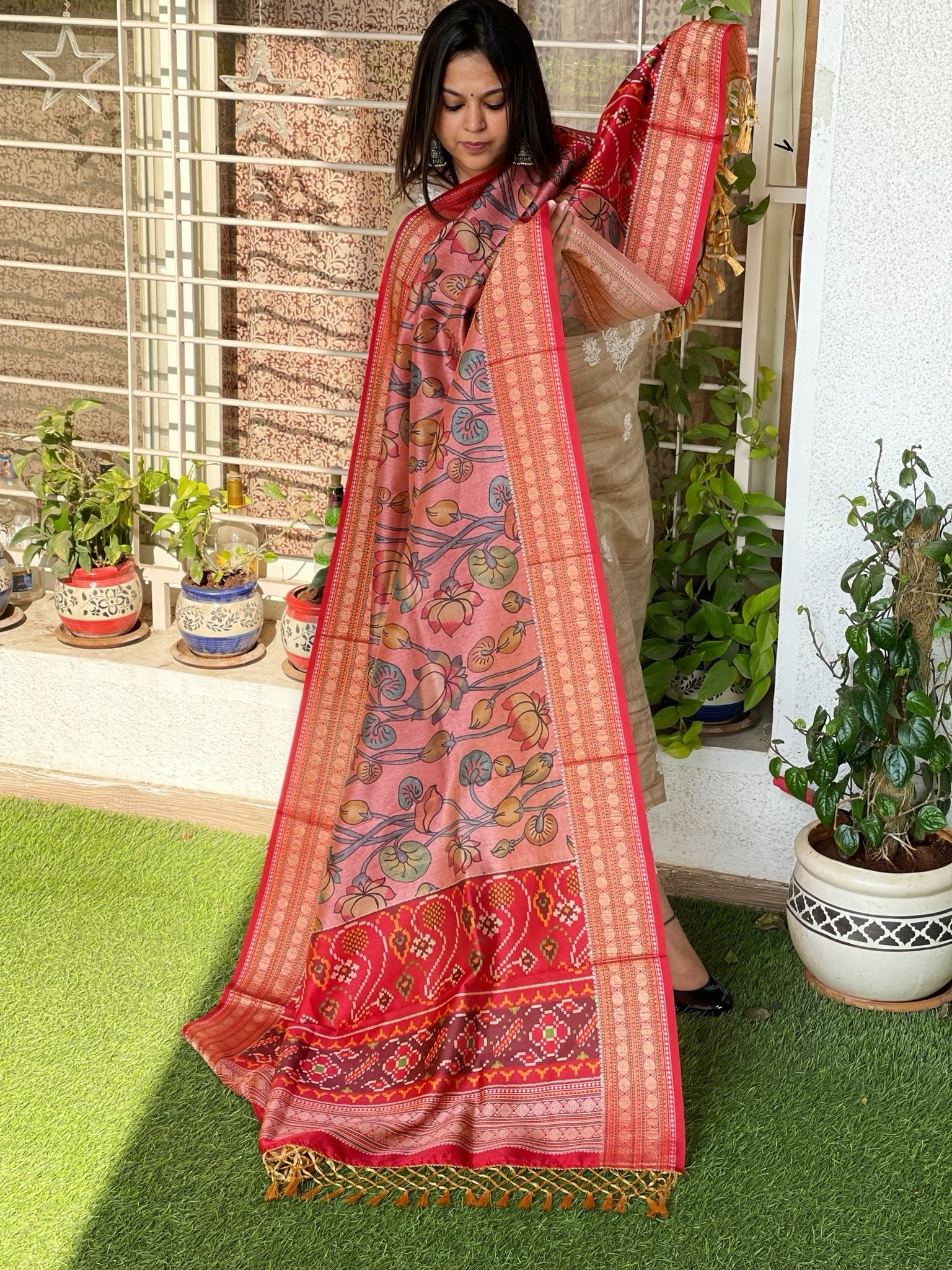 Printed Kalamkari with Patola Pallu Dupatta in Fine Art Silk