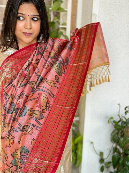 Printed Kalamkari with Patola Pallu Dupatta in Fine Art Silk