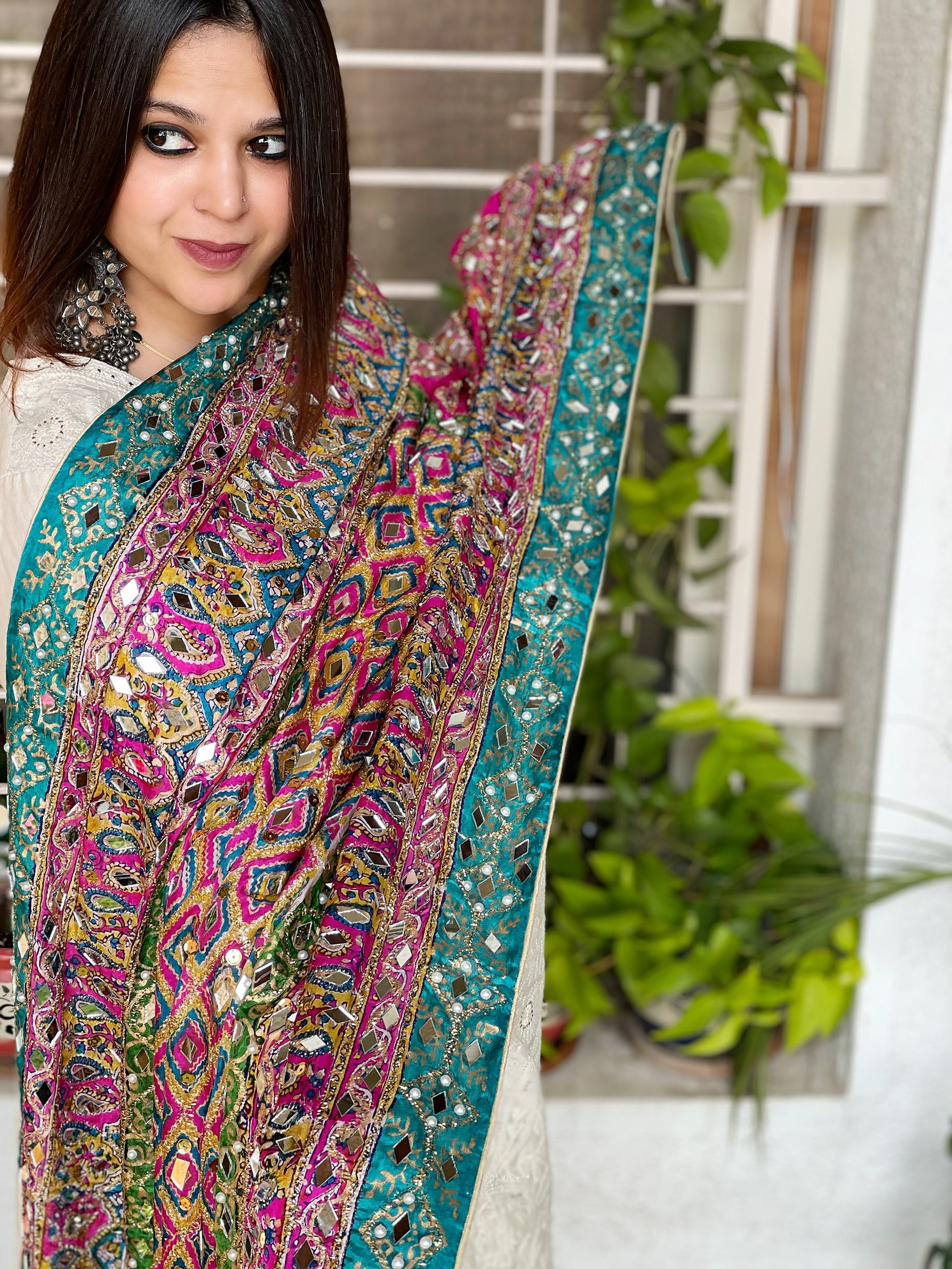 Pure Silk Dupatta with Beads, Sequin, Real Mirror Pasting Handwork