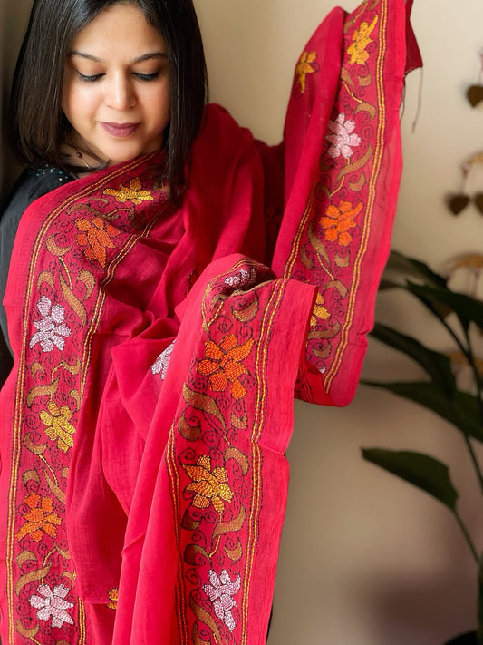 Red Handmade Kantha Dupatta in Cotton