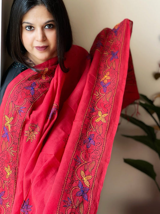Red Handmade Kantha Dupatta in Cotton