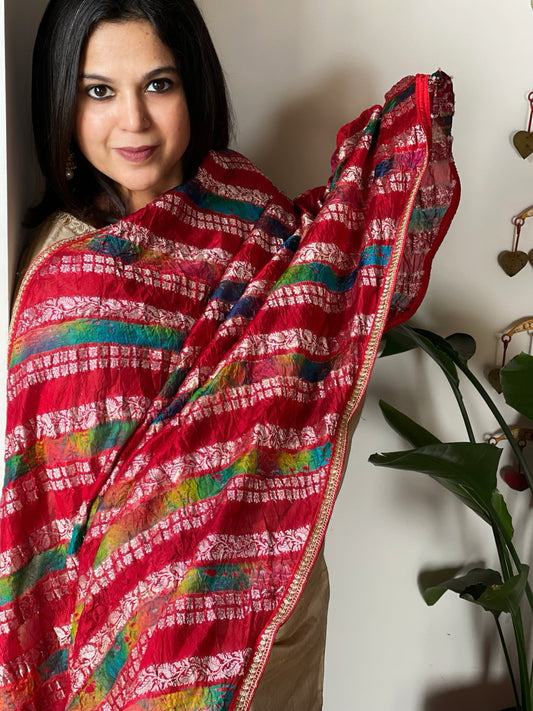 Red Handwoven Banarasi Dupatta with Multicolor Tie Dye in Pure Crushed Silk