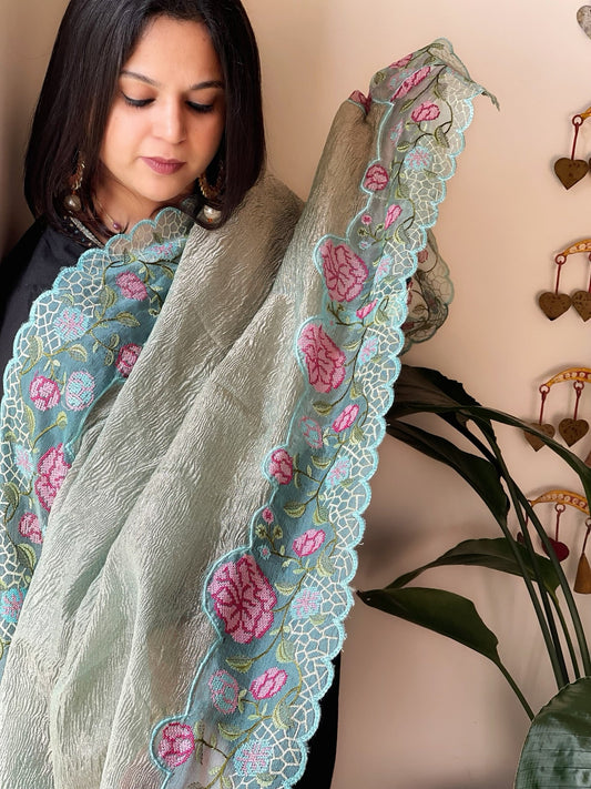 Turquoise Blue Tissue Dupatta with Organza Cross-Stitch Embroidered Border