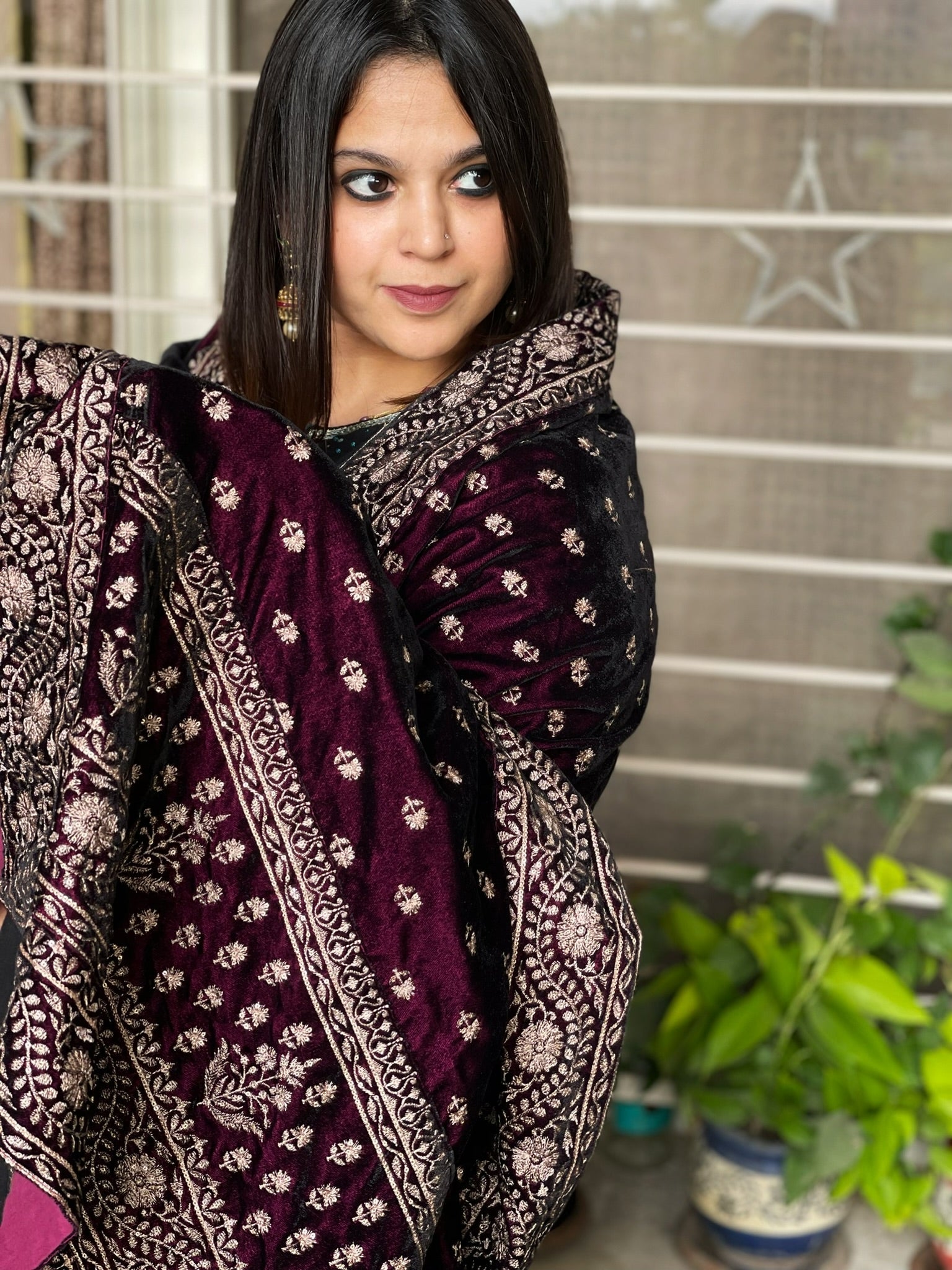 Velvet Dupatta with Gold Thread Embroidery
