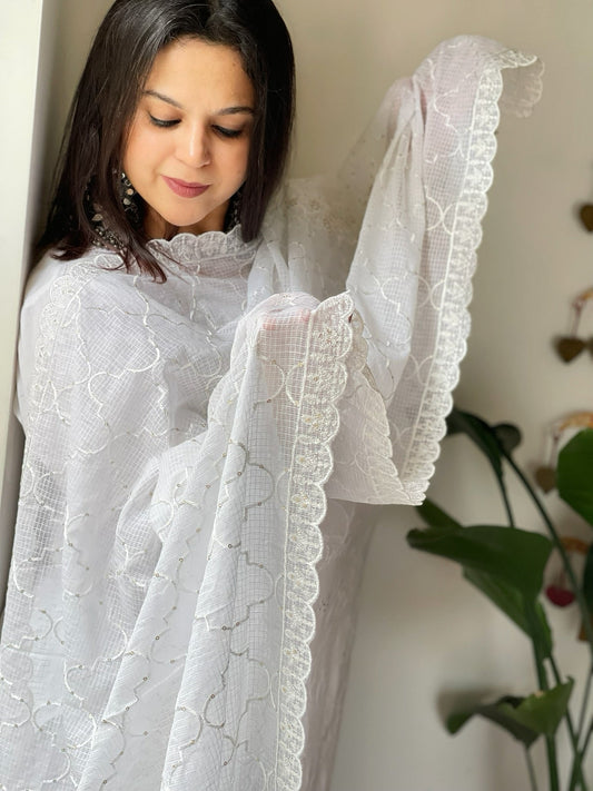 White Kota Cotton Thread and Sequin Jaal Embroidered Dupatta