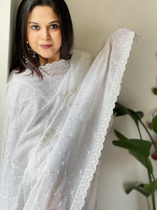 White Kota Cotton Thread and Sequin Jaal Embroidered Dupatta