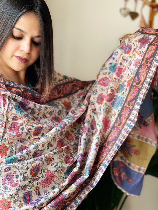 Woven Pashmina Kalamkari Stole with Embroidery