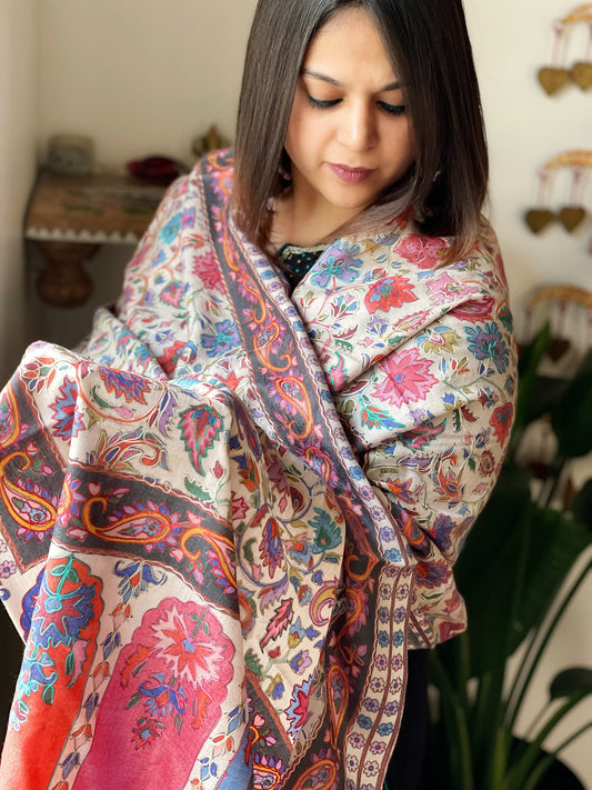 Woven Pashmina Kalamkari Stole with Embroidery