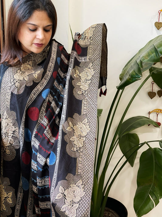 Ajrakh Handblock Printed Organza Crepe Dupatta with Banarasi Border - Masakalee
