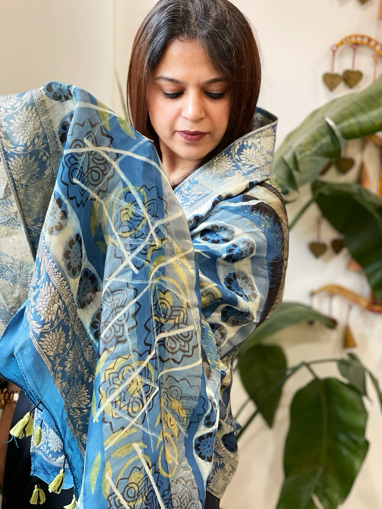 Ajrakh Handblock Printed Organza Crepe Dupatta with Banarasi Border - Masakalee