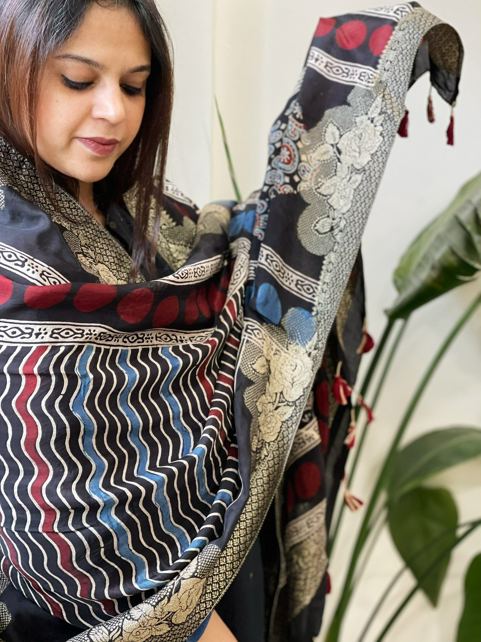 Ajrakh Handblock Printed Organza Crepe Dupatta with Banarasi Border - Masakalee