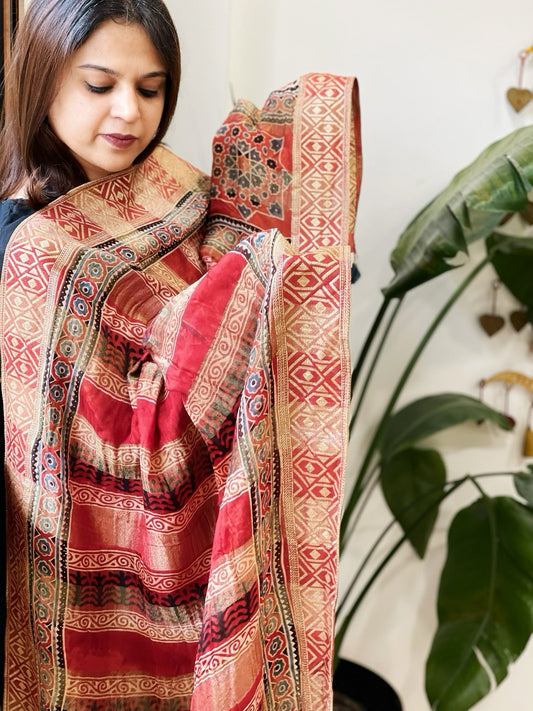 Ajrakh Handblock Printed Organza Crepe Dupatta with Banarasi Border - Masakalee