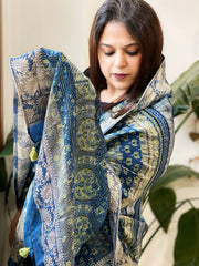 Ajrakh Handblock Printed Organza Crepe Dupatta with Banarasi Border - Masakalee