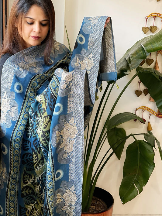 Ajrakh Handblock Printed Organza Crepe Dupatta with Banarasi Border - Masakalee
