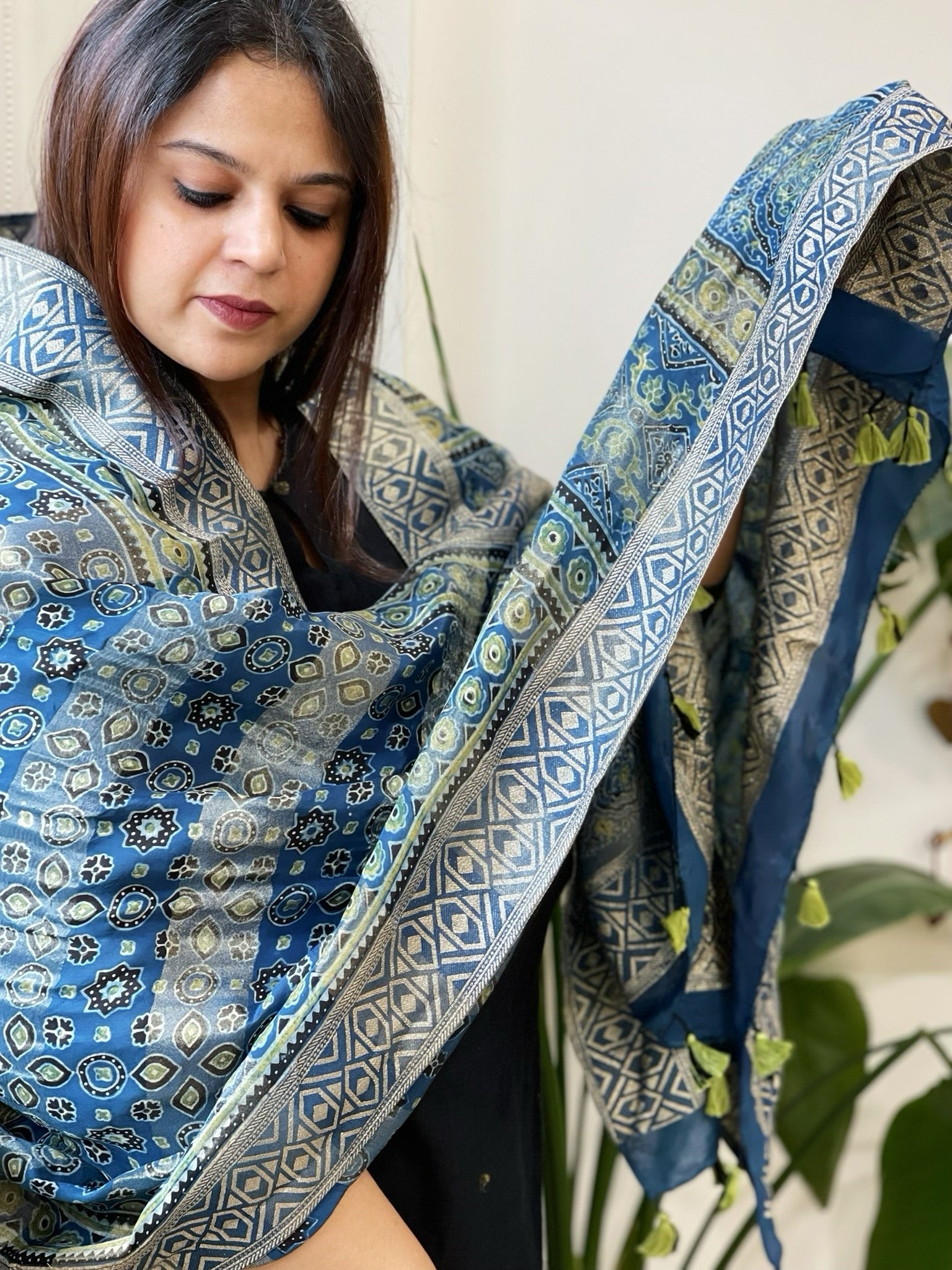 Ajrakh Handblock Printed Organza Crepe Dupatta with Banarasi Border - Masakalee