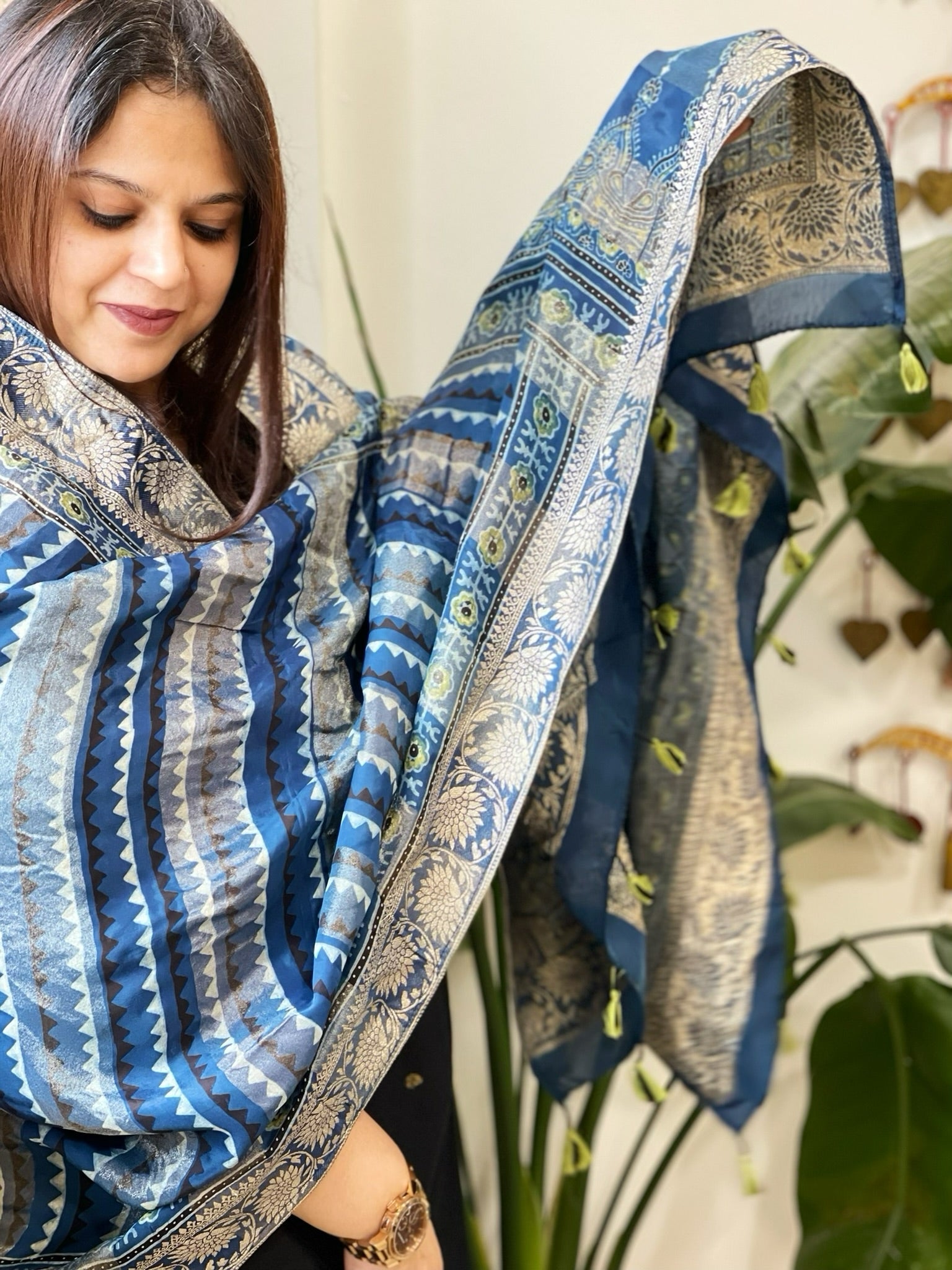 Ajrakh Handblock Printed Organza Crepe Dupatta with Banarasi Border - Masakalee