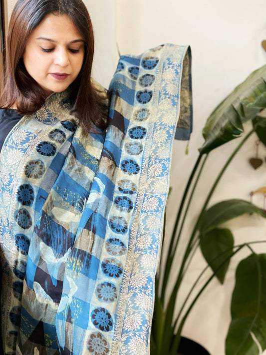 Ajrakh Handblock Printed Organza Crepe Dupatta with Banarasi Border - Masakalee