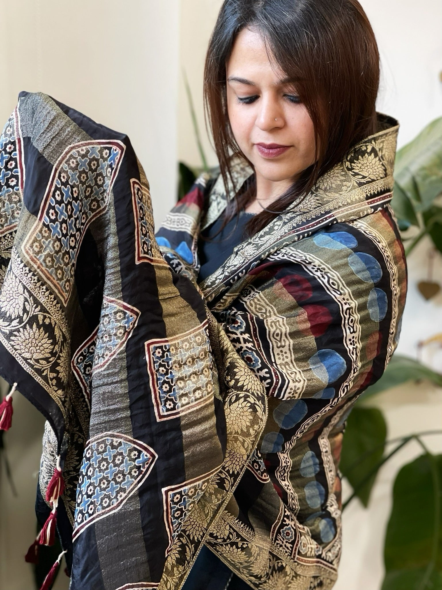 Ajrakh Handblock Printed Organza Crepe Dupatta with Banarasi Border - Masakalee