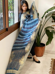 Ajrakh Handblock Printed Organza Crepe Dupatta with Banarasi Border - Masakalee