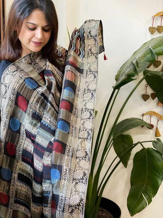 Ajrakh Handblock Printed Organza Crepe Dupatta with Banarasi Border - Masakalee
