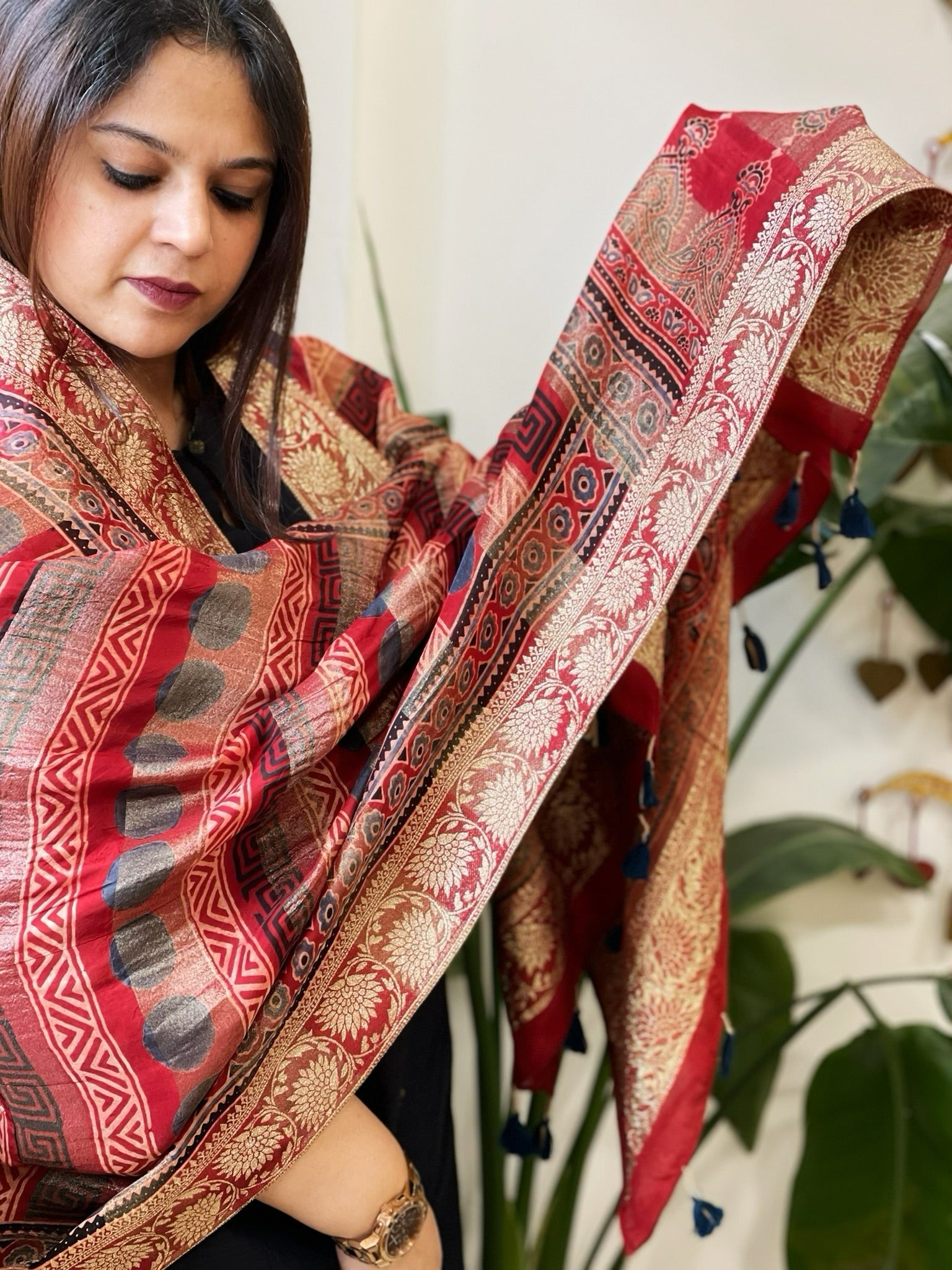 Ajrakh Handblock Printed Organza Crepe Dupatta with Banarasi Border - Masakalee