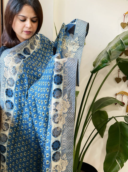 Ajrakh Handblock Printed Organza Crepe Dupatta with Banarasi Border - Masakalee