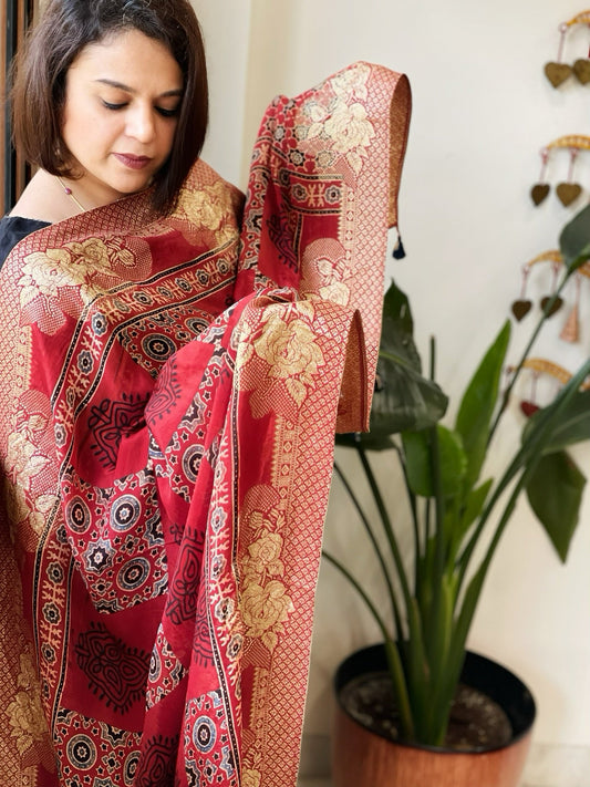 Ajrakh Handblock Printed Organza Crepe Dupatta with Banarasi Border - Masakalee