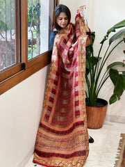 Ajrakh Handblock Printed Organza Crepe Dupatta with Banarasi Border - Masakalee