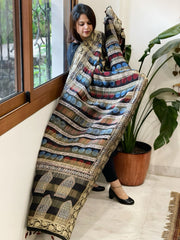 Ajrakh Handblock Printed Organza Crepe Dupatta with Banarasi Border - Masakalee