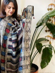 Ajrakh Handblock Printed Organza Crepe Dupatta with Banarasi Border - Masakalee