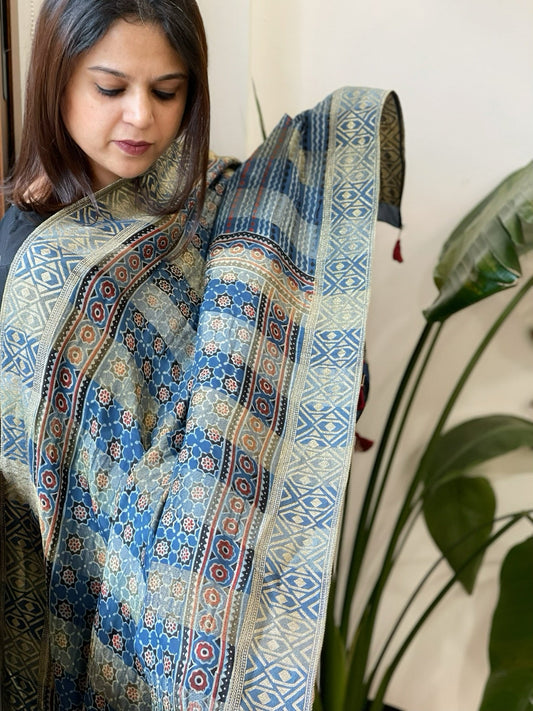 Ajrakh Handblock Printed Organza Crepe Dupatta with Banarasi Border - Masakalee