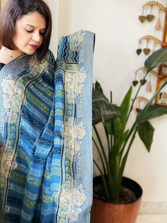 Ajrakh Handblock Printed Organza Crepe Dupatta with Banarasi Border - Masakalee