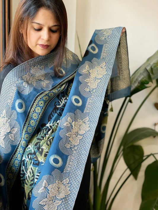 Ajrakh Handblock Printed Organza Crepe Dupatta with Banarasi Border - Masakalee