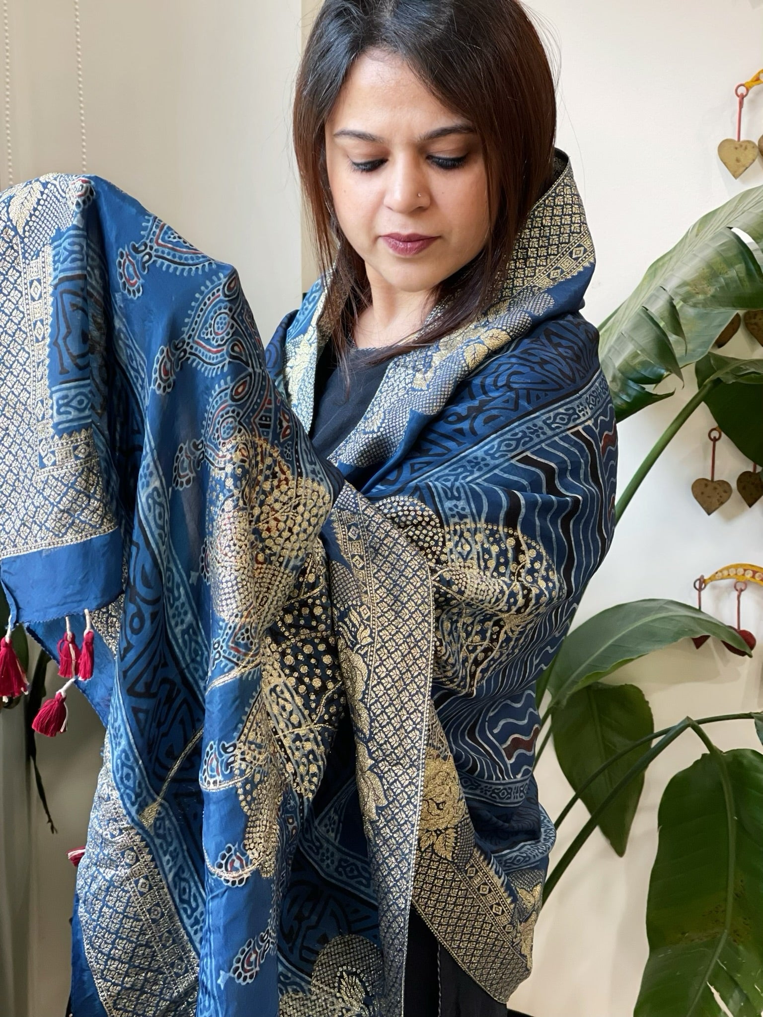 Ajrakh Handblock Printed Organza Crepe Dupatta with Banarasi Border - Masakalee