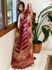 Ajrakh Handblock Printed Organza Crepe Dupatta with Banarasi Border - Masakalee