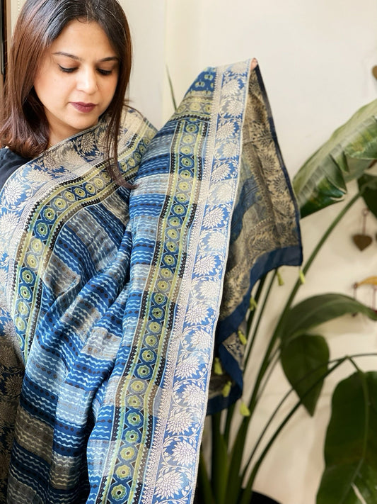Ajrakh Handblock Printed Organza Crepe Dupatta with Banarasi Border - Masakalee