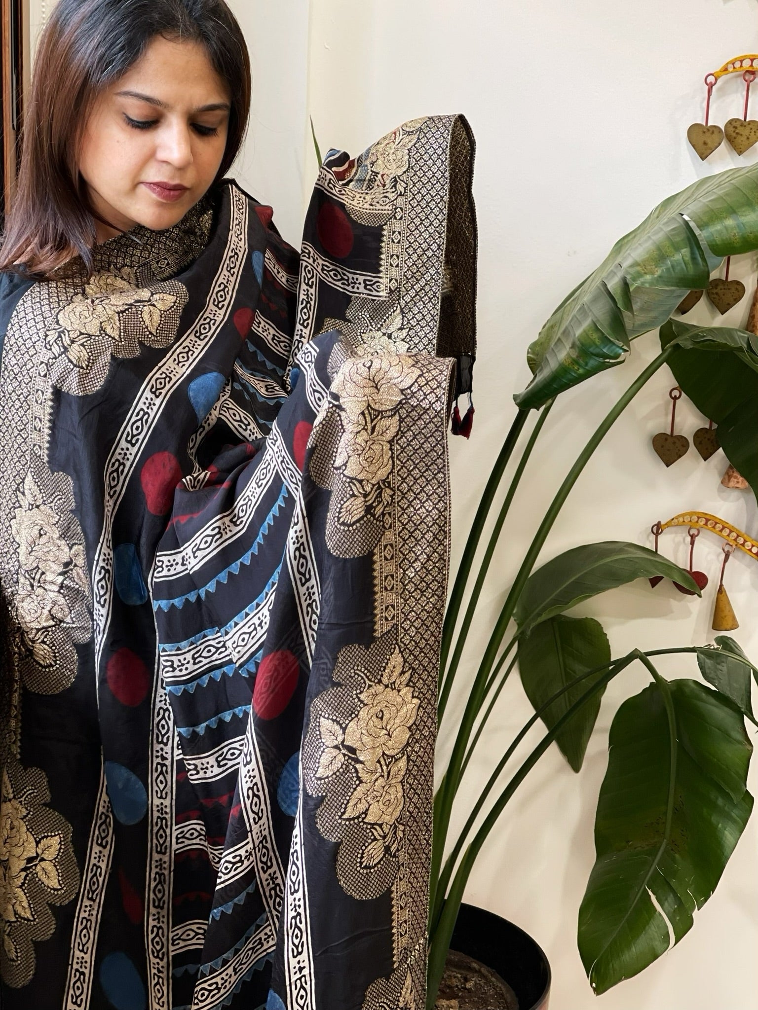 Ajrakh Handblock Printed Organza Crepe Dupatta with Banarasi Border - Masakalee